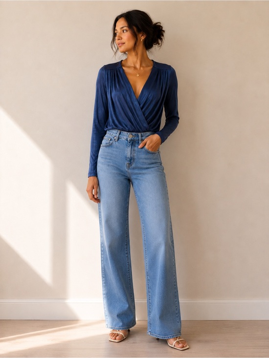 Free People Tops - Free People Blue Surplice Long Sleeve Bodysuit Size M